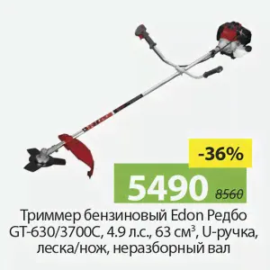Триммер бензиновый Edon Редбо GT-630/3700С, 4,9л.с, 63см³, U-ручка, леска/нож, неразборный вал.-0